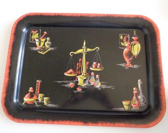 Apothecary Themed Vintage Large MCM Metal Serving Tray