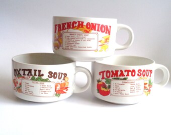 Vintage Tomato Oxtail and French Onion Recipe Soup Mugs Set of 3