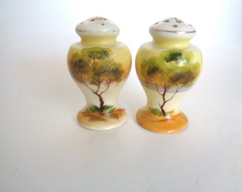 Vintage Porcelain Ceramic Hand Painted Tree Scene Salt and Pepper Shakers