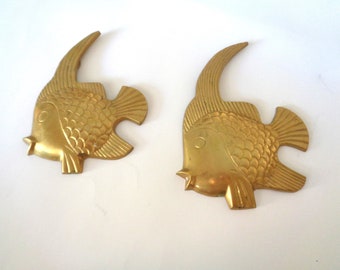 Vintage Brass Tropical Angel Fish Décor Wall Hangings Retro MCM Set Of 2