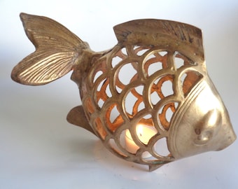 Vintage Brass Open Sculpture Japanese Koi Fish Votive