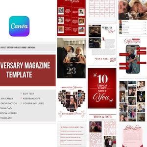 K&ouml;nnte beinhalten: Eine digitale Jubil&auml;umsmagazin-Vorlage mit rotem und wei&szlig;em Farbschema. Die Vorlage enth&auml;lt Seiten f&uuml;r Fotos, Text und Designelemente. Das Canva-Logo ist sichtbar. Der Text enth&auml;lt "Jubil&auml;umsmagazin-Vorlage" und "Perfektes Geschenk zum Geburtstag!"