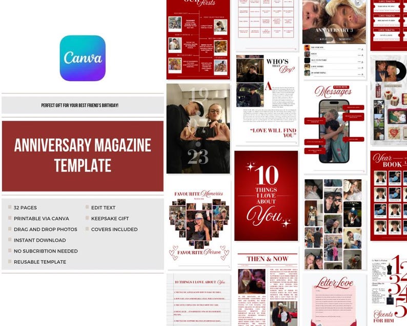 K&ouml;nnte beinhalten: Eine digitale Jubil&auml;umsmagazin-Vorlage mit rotem und wei&szlig;em Farbschema. Die Vorlage enth&auml;lt Seiten f&uuml;r Fotos, Text und Designelemente. Das Canva-Logo ist sichtbar. Der Text enth&auml;lt "Jubil&auml;umsmagazin-Vorlage" und "Perfektes Geschenk zum Geburtstag!"