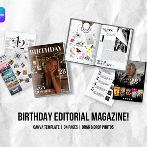 以下が含まれることがあります： 「BIRTHDAY EDITORIAL MAGAZINE!」と「JAZZY MONROE」のテキストが書かれた、開かれた雑誌とページがいくつかあります。雑誌には写真、イラスト、Canvaのロゴが掲載されています。「CANVA TEMPLATE | 34 PAGES | DRAG & DROP PHOTOS」のテキストも表示されています。