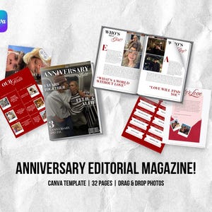 K&ouml;nnte beinhalten: Eine Ansammlung offener Zeitschriften und Einlagen vor wei&szlig;em Hintergrund. Die Zeitschriften zeigen Fotos und Text, darunter die Worte "ANNIVERSARY EDITORIAL MAGAZINE!" und "CANVA TEMPLATE | 32 PAGES | DRAG & DROP PHOTOS."