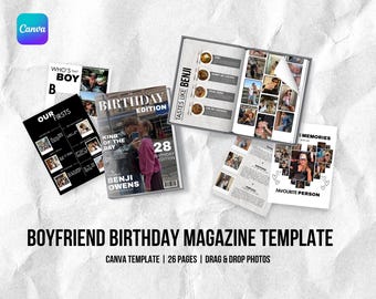 Plantilla editable para revista de cumpleaños de novio, regalo editorial personalizado, álbum de fotos imprimible (descarga digital)