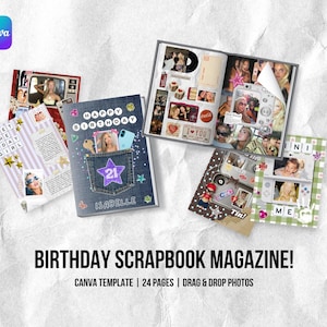 以下が含まれることがあります： 写真、ステッカー、テキストが特徴の誕生日スクラップブックマガジンのコレクション。1冊は、紫色の星と数字21が付いたデニムポケットのデザインです。「HAPPY BIRTHDAY」と「ISABELLE」と書かれています。Canvaのロゴも表示されています。