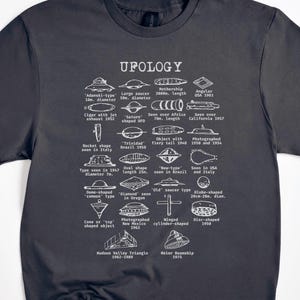 May include: A black t-shirt featuring a white graphic of various UFO shapes and descriptions. The graphic includes the text "UFOLOGY" and lists different types of UFOs, their shapes, sizes, and locations where they were seen.