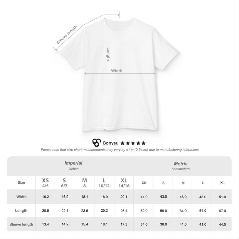 May include: A white t-shirt with measurements for width, length, and sleeve length in inches. The size chart includes XS to XL sizes. The width ranges from 16.2 to 20.1 inches. Length is 20.5 to 26.4 inches. Sleeve length is 13.4 to 17.3 inches.