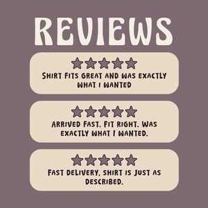 May include: A graphic with the word "REVIEWS" in large, stylized letters. Below are three sections with five-star ratings and customer feedback: "SHIRT FITS GREAT AND WAS EXACTLY WHAT I WANTED," "ARRIVED FAST. FIT RIGHT. WAS EXACTLY WHAT I WANTED," and "FAST DELIVERY, SHIRT IS JUST AS DESCRIBED."