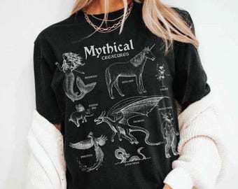 Gothic Mythical Creatures Unisex T-Shirt, Mermaid Shirt, Unicorn Tee, Dragon Apparel, Fairy, Pheonix, Loch Ness Monster, Fantasy Lovers Gift