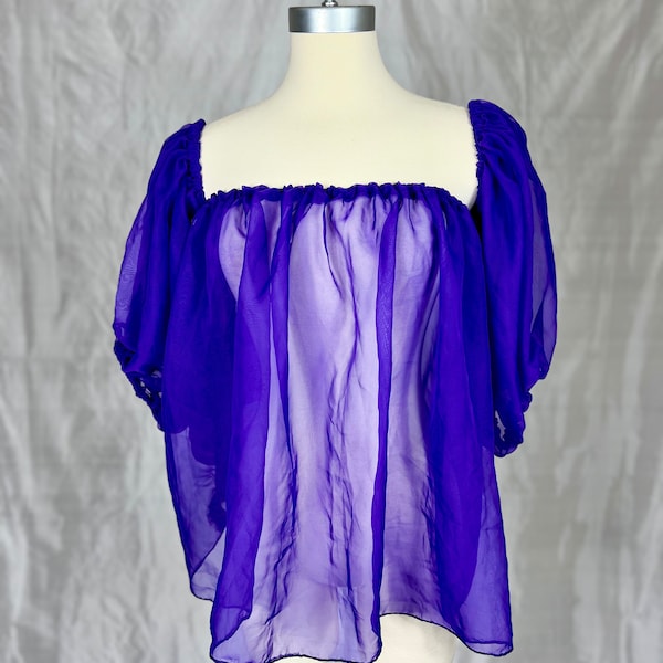 Blouse paysanne violette à manches courtes en mousseline de soie, taille moyenne