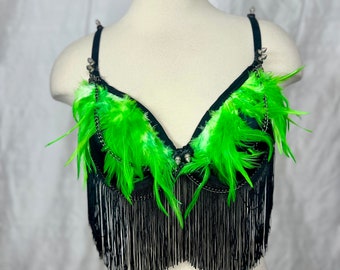 Green Feather Tassle Spike Burlesque Bra