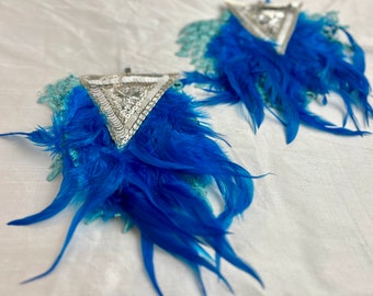 Blue Feather Tassle Sequin Shoulder Epaulettes