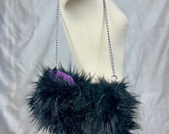 Black Faux Fur Chain Handle Bag