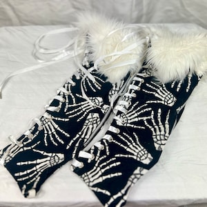 Black White Skeleton Hands Faux Fur Lace Up Zip Up Spats
