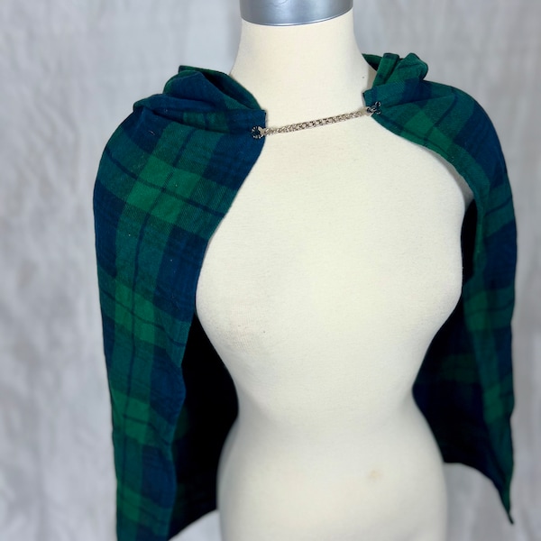 Green Blue Plaid Winter Hooded Cape