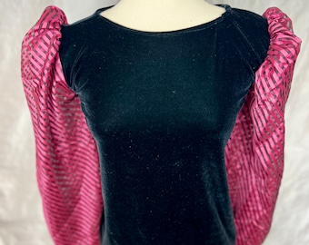 Pink Striped Sleeve Black Velvet Top
