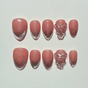 Cat Eye Press on Nails, Bow Coquette Glitter Nails, Gel Nails, Elegant Unique Nails, Handmade Gel Press Ons