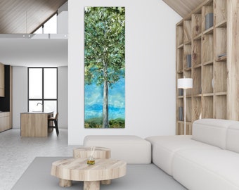 Huge Original Vertical Sycamore Tree Mixed Media Painting on Canvas with Pole hanging system.