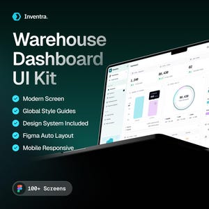 May include: A digital display showing a Warehouse Dashboard UI Kit by Inventra. The screen features data visualizations, charts, and inventory metrics. Text on the screen includes Warehouse Dashboard UI Kit, Modern Screen, Global Style Guides, Design System Included, Figma Auto Layout, Mobile Responsive, and 100+ Screens.