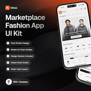 Pode incluir: Dois smartphones exibindo um kit de interface de usuário para aplicativo de moda Kirbee. As telas mostram listas de produtos, marcas e interfaces de carrinho. O texto inclui Marketplace Fashion App UI Kit e 100+ Screens.