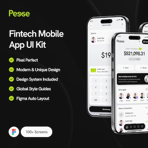 Może przedstawiać: Trzy smartfony prezentujące interfejs użytkownika aplikacji mobilnej Fintech. Ekrany wyświetlają interfejsy transakcji finansowych z marką "Pesse". Projekt obejmuje nowoczesny i unikalny układ z naciskiem na doświadczenia użytkownika.