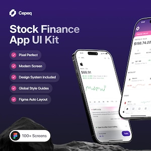 May include: Two smartphones displaying a stock finance app interface with white backgrounds, dark text, and purple accents. The screens show financial data, stock prices, and trading charts. The text Cepeq Stock Finance App UI Kit is visible.