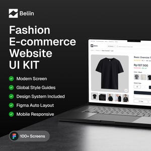 May include: A laptop displays a fashion e-commerce website UI kit. The screen shows a black t-shirt on a product page. Text on the screen includes "Basic Oversize T-Shirt" and pricing information. The laptop is on a dark surface, with the "Beliin" logo visible.