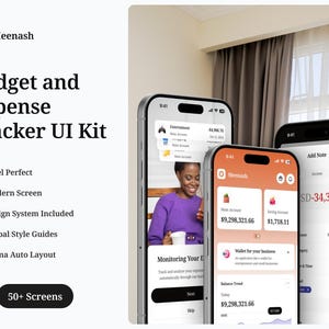 May include: Three smartphones displaying a budget and expense tracker UI kit. The screens show financial data, charts, and user interface elements. The text includes "Budget and Expense Tracker UI Kit" and "50+ Screens."