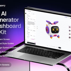 以下が含まれることがあります： Shapery 3D AI Generator Dashboard UI Kitを表示するノートパソコン。画面には、白いボディ、紫色の耳、黄色のX字型の目を持つ3Dキャラクターモデルを備えた白いインターフェースが表示されています。テキストには「3D AI Generator Dashboard UI Kit」と記載されています。