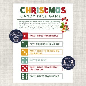 May include: Printable Christmas Candy Dice Game cards with instructions. The cards are red, green, yellow, and blue with white text. The text on the cards includes "Take 1 piece from middle", "Put 1 piece back in middle", "Pass 1 piece to person on your right", "Skip your turn", "Take 1 piece from person on your left", and "Take 2 pieces from middle".
