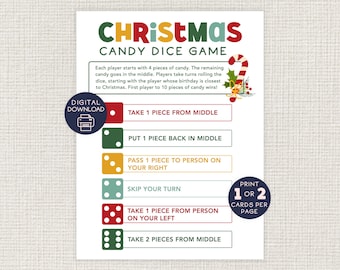 Christmas Candy Dice Game, Printable Classroom Party Game, Kids Christmas Game, 1st Grade, 2nd, Xmas, Youth Group Holiday Activity, Youth