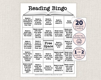 May include: A printable bingo card with 25 squares featuring reading-themed activities. The card has a black and white design with a pink and black title bar that reads "Reading Bingo". The card includes activities such as "Read a book about someone or something that flies", "Read a book with a heroic character", "Read a book with the first letter of your name in the title", "Read in the dark with a flashlight", "Build a fort and read in it", "Read outside", "Read a book and then watch the movie", "Make a recipe or craft that you found in a book", "Read a book to someone younger than you", "Read some poetry and write your own poem", "Read a book with a number in the title", "Free Space", "Read a book with a sport in it", "Read in the bathtub with a blanket and pillows", "Read a book that's won a Newbery or Caldecott Award", "Read a book that makes you laugh", "Read a book and act out the ending", "Read a book that an adult liked when they were your age", "Read a book by an author with whom you have something in common", "Read a book and color a picture of your favorite part", "Read a book and make a connection to your life", "Read to someone on FaceTime", "Read a book with your favorite animal in it", and "Read a book with your favorite color on the cover".