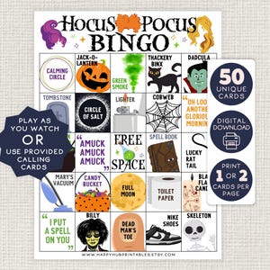 Hokus Pokus BINGO, Utskrivbart Partyspel, Halloweenbingo, Spela medan du tittar på filmen, Bingokort, Barn, Tonåringar, Vuxna, Häxbingo