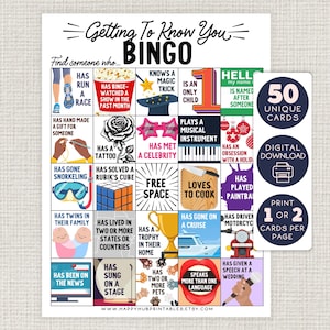 May include: A colourful bingo card with 25 squares, each containing a different activity or characteristic. The card is titled "Getting To Know You Bingo" and includes images such as a running figure, a magic wand, a musical instrument, a trophy, and a cruise ship. The card is designed for a game where players try to find someone who matches each square.