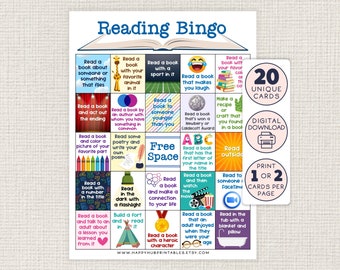 May include: A colorful bingo card with 25 squares, each containing a different reading challenge. The card is titled "Reading Bingo" and includes phrases like "Read a book with your favorite animal in it" and "Read a book that makes you laugh".