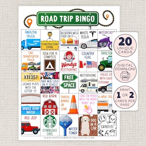 ロードトリップビンゴ、家族や友人との旅行アクティビティ、印刷可能な車ゲーム、高速道路での旅行の楽しみ、休暇、運転、長距離バスドライブ、修学旅行