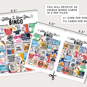 Puede incluir: Tres tarjetas de bingo imprimibles con el t&iacute;tulo "Getting To Know You Bingo". Cada tarjeta tiene una cuadr&iacute;cula de 5x5 con varias indicaciones como "Ha corrido una carrera", "Tiene un tatuaje", "Ha estado en las noticias", "Conoce un truco de magia", y "Ha conocido a una celebridad". Las tarjetas miden 8,5 pulgadas por 5,5 pulgadas.