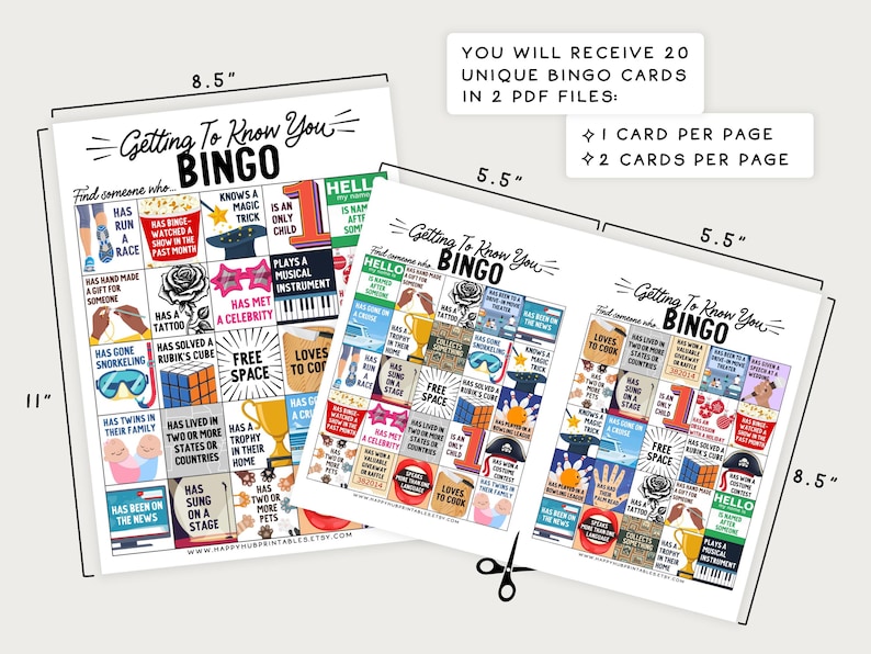 Puede incluir: Tres tarjetas de bingo imprimibles con el t&iacute;tulo "Getting To Know You Bingo". Cada tarjeta tiene una cuadr&iacute;cula de 5x5 con varias indicaciones como "Ha corrido una carrera", "Tiene un tatuaje", "Ha estado en las noticias", "Conoce un truco de magia", y "Ha conocido a una celebridad". Las tarjetas miden 8,5 pulgadas por 5,5 pulgadas.