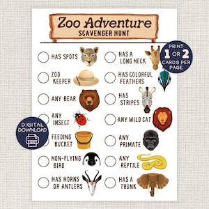 Zoo Adventure Scavenger Hunt, Fun Printable Game, Kids Day Camp Activity, Animal Seek and Find Challenge, Learning, Summer Bucket List, Trip