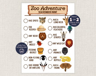Zoo Adventure Scavenger Hunt, Fun Printable Game, Kids Day Camp Activity, Animal Seek and Find Challenge, Learning, Summer Bucket List, Trip