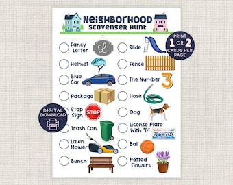 Neighborhood Scavenger Hunt, Fun Printable for Kids, Seek and Find Walking Challenge, Walk Activity, Summer Boredom Buster, Neighbor, Party