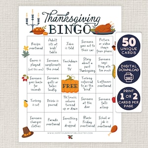 Könnte beinhalten: Eine Thanksgiving-Bingo-Karte mit 25 Feldern, die verschiedene Aktivitäten und Ereignisse darstellen, die während eines Thanksgiving-Dinners passieren könnten. Die Karte hat ein freies Feld in der Mitte mit einer Kürbisillustration. Die Karte ist Teil eines Sets von 50 einzigartigen Karten, die zum digitalen Download verfügbar sind und 1 oder 2 Karten pro Seite gedruckt werden können.