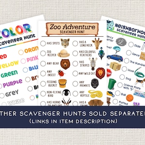 May include: Three printable scavenger hunt sheets. One is a color scavenger hunt with a rainbow title. The other two are a zoo and neighborhood scavenger hunt with checklist items and illustrations.