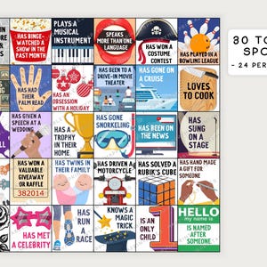 Puede incluir: Una tarjeta de bingo colorida con 30 casillas, cada una con una actividad o experiencia diferente. La tarjeta est&aacute; dise&ntilde;ada para un juego de bingo, donde los jugadores intentan obtener cinco casillas en fila haciendo coincidir sus propias experiencias con las casillas de la tarjeta. La tarjeta incluye actividades como jugar al paintball, tener gemelos y correr una carrera.