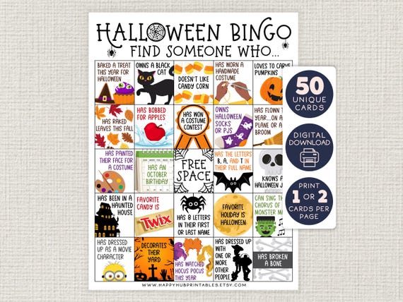 Halloween Find Someone Who BINGO, Printable Classroom Party Game, Kids, High School, Teenagers, Fun Icebreaker, Teen Halloween Games