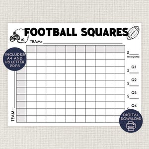 May include: A printable football squares game template with a grid of squares for players to fill in their numbers. The template includes a space for the team name and the price per square. The template also includes a section for each quarter of the game.