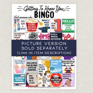 May include: A printable bingo card with colourful squares and images. Each square has a statement like "Has run a race" or "Has been on the news". The card is titled "Getting to Know You Bingo".