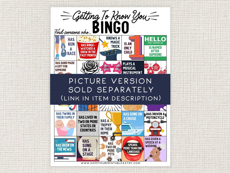 May include: A printable bingo card with colourful squares and images. Each square has a statement like "Has run a race" or "Has been on the news". The card is titled "Getting to Know You Bingo".